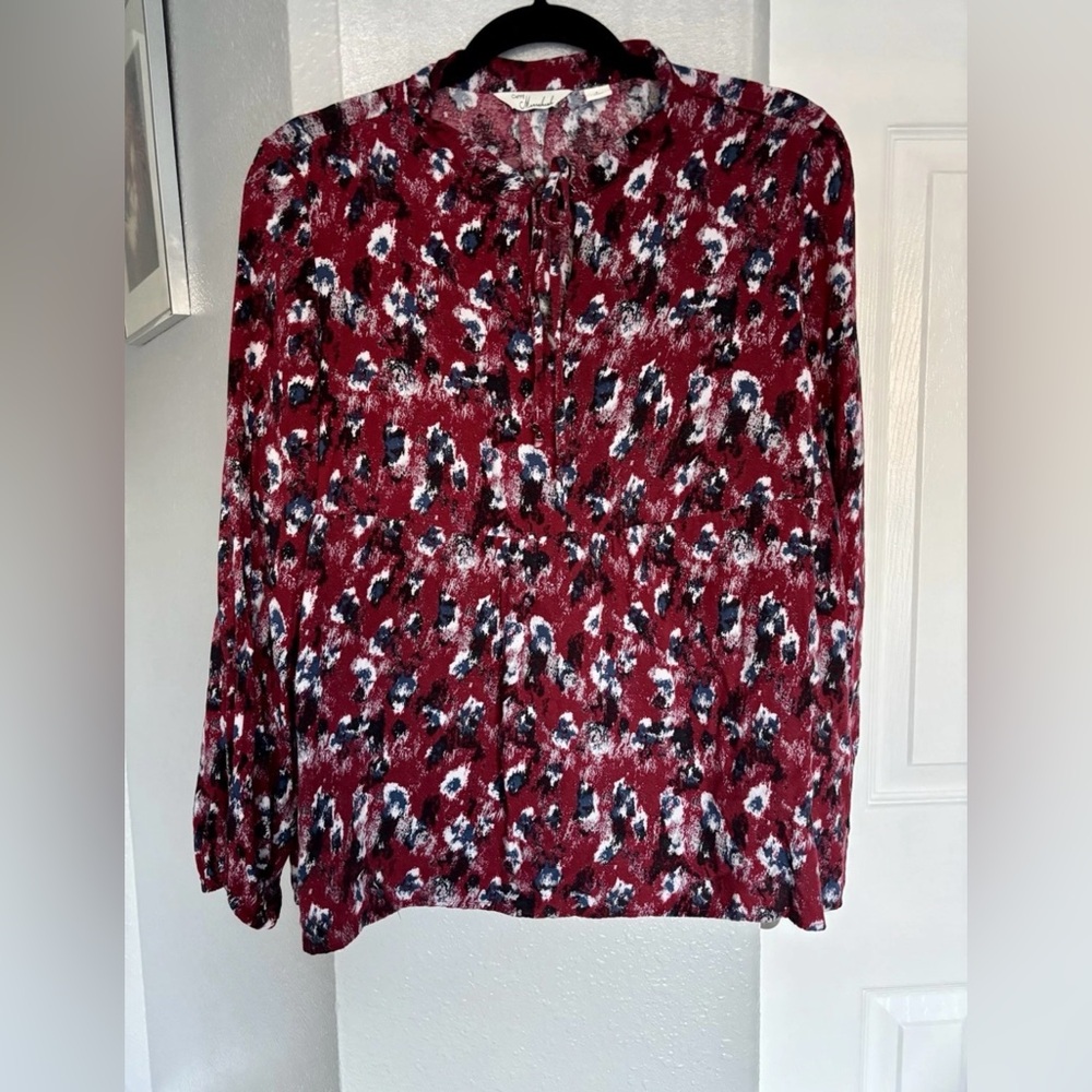 Women's Red Floral Tie-Neck Blouse Size L
